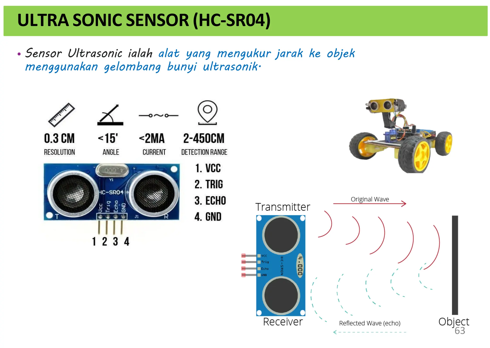 ULTRA SONIC SENSOR (HC-SR04)
• Sensor Ultrasonic ialah alat yang mengukur jarak ke objek
menggunakan gelombang bunyi ultrasonik.
63
 
