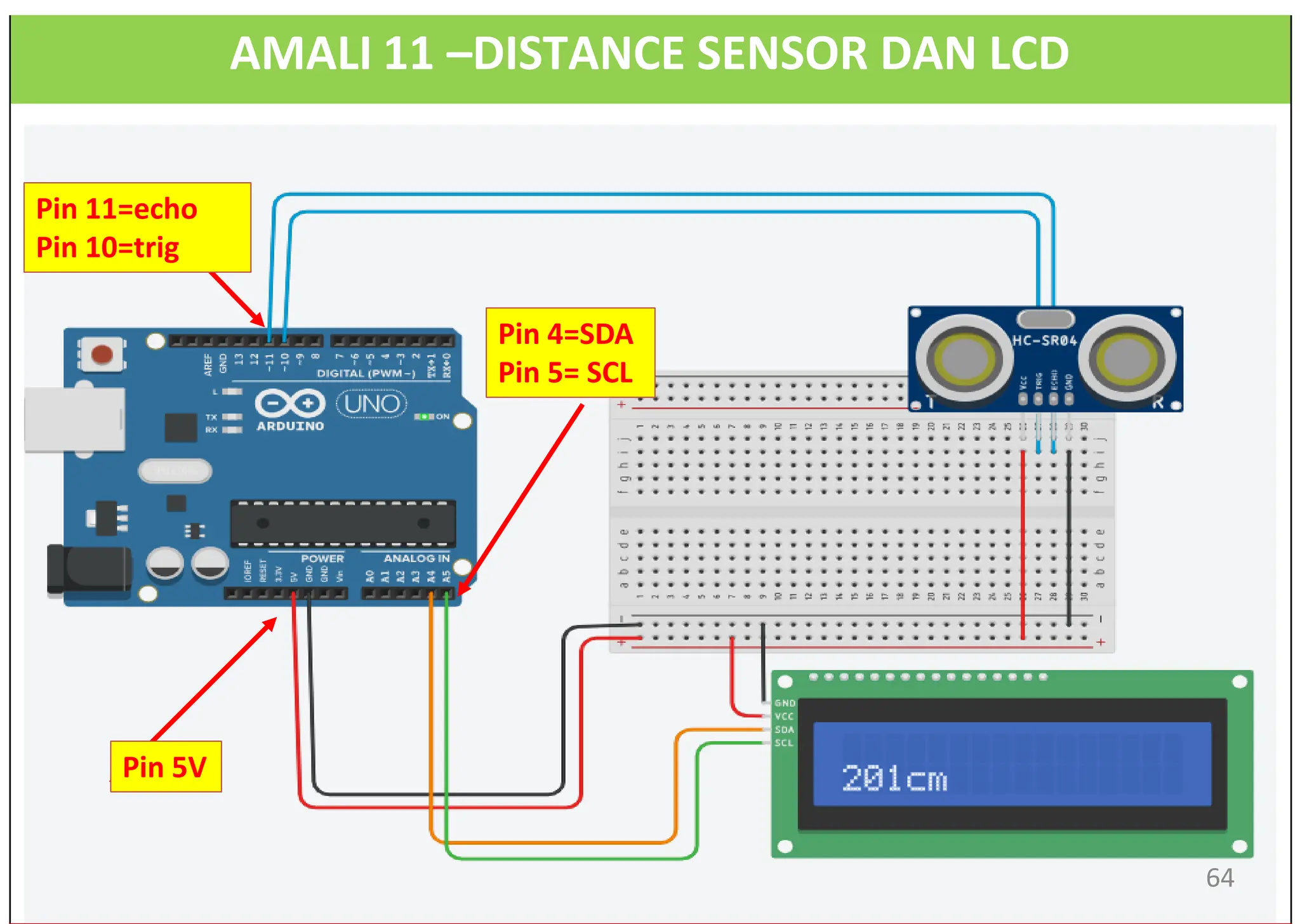 AMALI 11 –DISTANCE SENSOR DAN LCD
Pin 11=echo
Pin 10=trig
Pin 4=SDA
Pin 5= SCL
Pin 5V
64
 