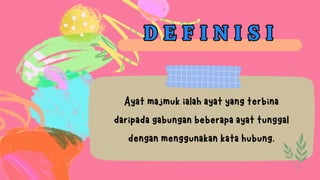 Ayat majmuk ialah ayat yang terbina
daripada gabungan beberapa ayat tunggal
dengan menggunakan kata hubung.
D E F I N I S I
D E F I N I S I
 