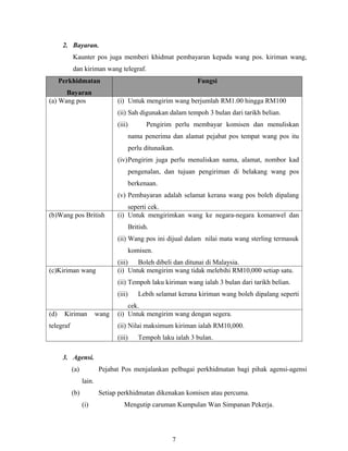 2. Bayaran.
           Kaunter pos juga memberi khidmat pembayaran kepada wang pos. kiriman wang,
           dan kiriman wang telegraf.
      Perkhidmatan                                              Fungsi
      Bayaran
(a) Wang pos                    (i) Untuk mengirim wang berjumlah RM1.00 hingga RM100
                                (ii) Sah digunakan dalam tempoh 3 bulan dari tarikh belian.
                                (iii)          Pengirim perlu membayar komisen dan menuliskan
                                        nama penerima dan alamat pejabat pos tempat wang pos itu
                                        perlu ditunaikan.
                                (iv)Pengirim juga perlu menuliskan nama, alamat, nombor kad
                                        pengenalan, dan tujuan pengiriman di belakang wang pos
                                        berkenaan.
                                (v) Pembayaran adalah selamat kerana wang pos boleh dipalang
                                    seperti cek.
(b)Wang pos British             (i) Untuk mengirimkan wang ke negara-negara komanwel dan
                                        British.
                                (ii) Wang pos ini dijual dalam nilai mata wang sterling termasuk
                                        komisen.
                                (iii)  Boleh dibeli dan ditunai di Malaysia.
(c)Kiriman wang                 (i) Untuk mengirim wang tidak melebihi RM10,000 setiap satu.
                                (ii) Tempoh laku kiriman wang ialah 3 bulan dari tarikh belian.
                                (iii)       Lebih selamat kerana kiriman wang boleh dipalang seperti
                                    cek.
(d)    Kiriman           wang   (i) Untuk mengirim wang dengan segera.
telegraf                        (ii) Nilai maksimum kiriman ialah RM10,000.
                                (iii)       Tempoh laku ialah 3 bulan.

       3. Agensi.
           (a)            Pejabat Pos menjalankan pelbagai perkhidmatan bagi pihak agensi-agensi
                 lain.
           (b)            Setiap perkhidmatan dikenakan komisen atau percuma.
                 (i)               Mengutip caruman Kumpulan Wan Simpanan Pekerja.




                                                        7
 