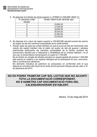Generalitat de Catalunya
Departament d’Ensenyament
Escola Ernest Lluch
5. No disposar d’un llindar de renda superior a 1,8*IRSC+(1.500,00€* (MUF-1))
N. persones unitat
familiar
Llindar màxim € per sol.licitar ajut
2 15.841,91
3 17.341,91
4 18.841,91
5 20.341,91
6 21.841,91
7 23.341,91
6. No disposar d’un volum de negoci superior a 155.000,00€ calculat sumant els volums
de negoci de tots els membres computables de la unitat familiar.
7. Podran optar als ajuts les unitats familiars en què la suma de tots els rendiments nets
reduïts del capital mobiliari més el saldo net positiu de tots els guanys i pèrdues
patrimonials pertanyents als membres computables de la família, excloent les
subvencions rebudes per a l’adquisició o rehabilitació de la vivenda habitual i, en el
seu cas, la renda bàsica d’emancipació no superi el 1.700,00€
No es tindran en compte als efectes previstos en aquest apartat els primers 1.500,00€
dels premis en metàl.lic o en espècie obtinguts per la participació en jocs, concursos,
rifes o combinacions aleatòries.
Els elements indicatius de patrimoni es computaran en conformitat amb el que
disposa la normativa del import de la renda de les persones físiques pel seu valor a 31
de desembre del 2013.
NO ES PODRÀ TRAMITAR CAP SOL·LICITUD QUE NO ADJUNTI
TOTA LA DOCUMENTACIÓ CORRESPONENT.
NO S’ADMETRÀ CAP DOCUMENTACIÓ FORA DEL
CALENDARI/HORARI ESTABLERT.
Abrera, 12 de maig del 2014
 