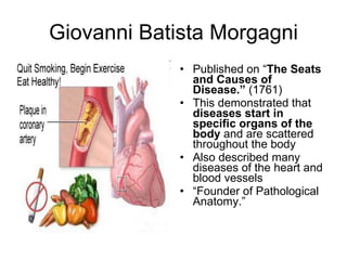 Giovanni Batista Morgagni Published on “ The Seats and Causes of Disease.”  (1761)  This demonstrated that  diseases start in specific organs of the body  and are scattered throughout the body Also described many diseases of the heart and blood vessels “ Founder of Pathological Anatomy.” 