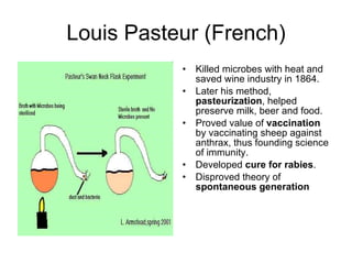 Louis Pasteur (French) Killed microbes with heat and saved wine industry in 1864.  Later his method,  pasteurization , helped preserve milk, beer and food.  Proved value of  vaccination  by vaccinating sheep against anthrax, thus founding science of immunity.  Developed  cure for rabies .  Disproved theory of  spontaneous generation 
