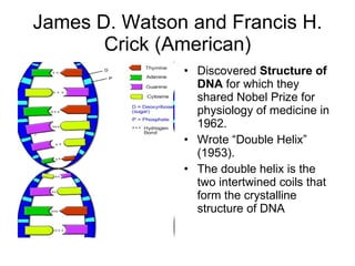 James D. Watson and Francis H. Crick (American) Discovered  Structure of DNA  for which they shared Nobel Prize for physiology of medicine in 1962.  Wrote “Double Helix” (1953).  The double helix is the two intertwined coils that form the crystalline structure of DNA 