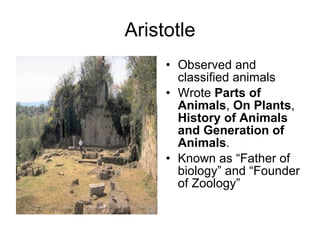 Aristotle Observed and classified animals Wrote  Parts of Animals ,  On Plants ,  History of Animals and Generation of Animals .  Known as “Father of biology” and “Founder of Zoology” 
