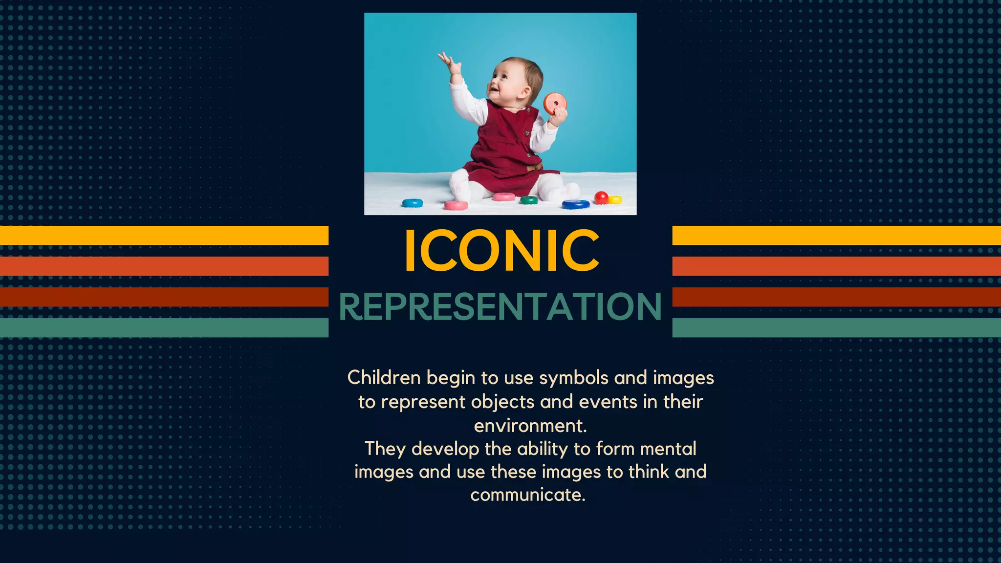 ICONIC
REPRESENTATION
Children begin to use symbols and images
to represent objects and events in their
environment.
They develop the ability to form mental
images and use these images to think and
communicate.
 