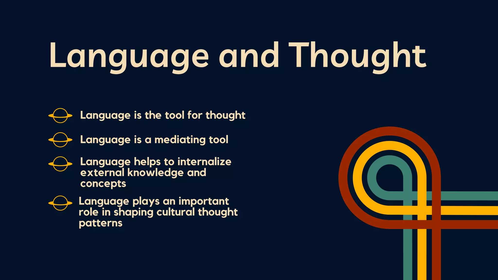 Language and Thought
Language is the tool for thought
Language is a mediating tool
Language helps to internalize
external knowledge and
concepts
Language plays an important
role in shaping cultural thought
patterns
 