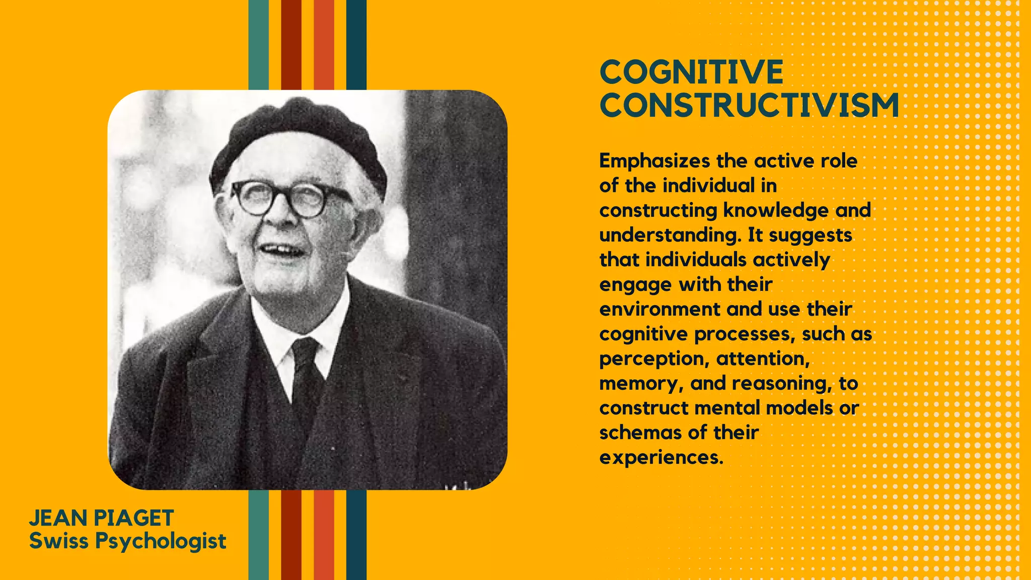 COGNITIVE
CONSTRUCTIVISM
Emphasizes the active role
of the individual in
constructing knowledge and
understanding. It suggests
that individuals actively
engage with their
environment and use their
cognitive processes, such as
perception, attention,
memory, and reasoning, to
construct mental models or
schemas of their
experiences.
JEAN PIAGET
Swiss Psychologist
 