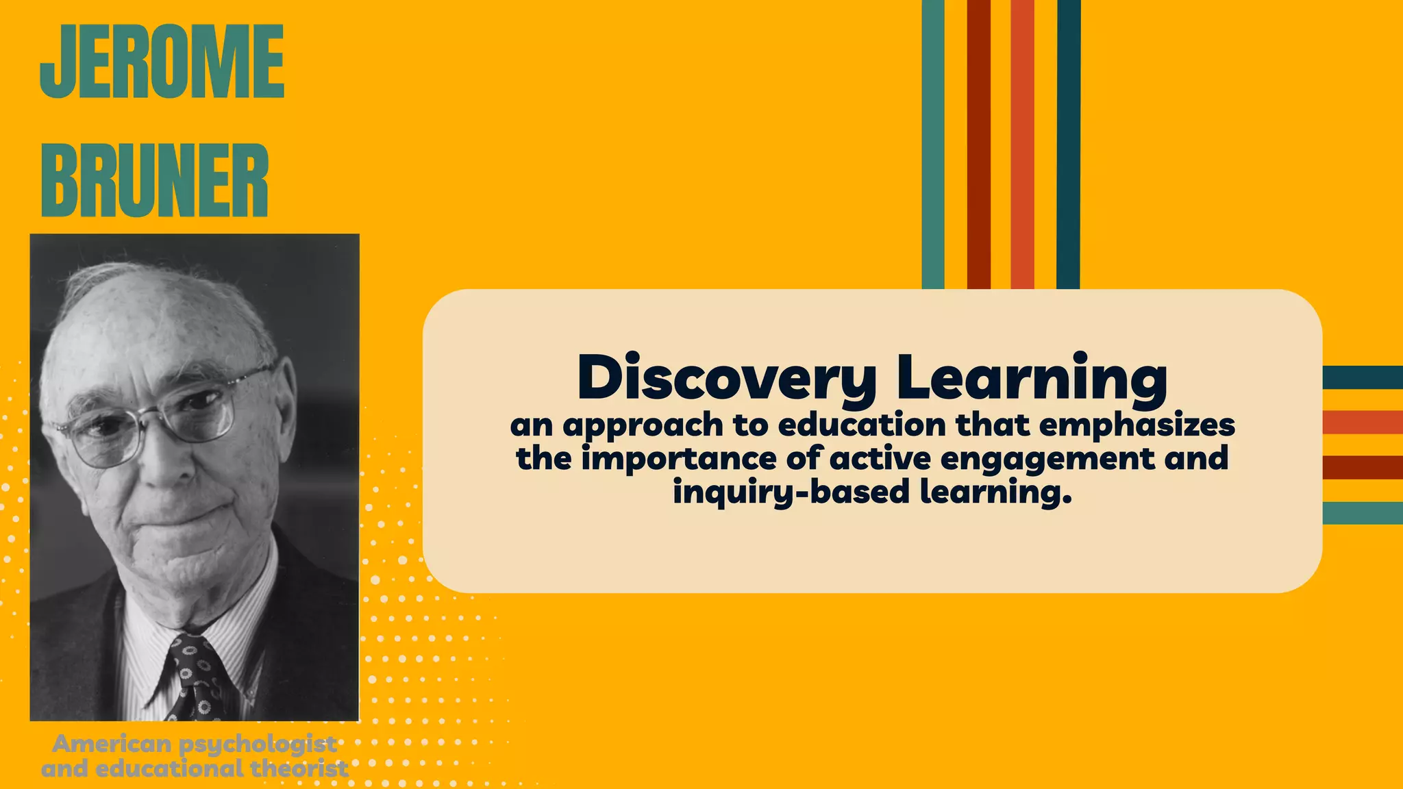 American psychologist
and educational theorist
JEROME
BRUNER
Discovery Learning
an approach to education that emphasizes
the importance of active engagement and
inquiry-based learning.
 