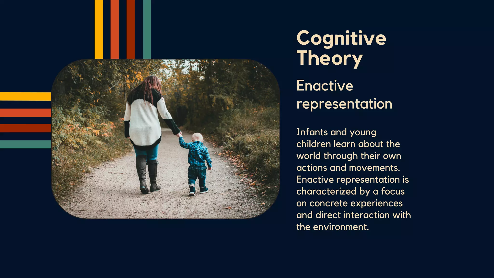 Cognitive
Theory
Enactive
representation
Infants and young
children learn about the
world through their own
actions and movements.
Enactive representation is
characterized by a focus
on concrete experiences
and direct interaction with
the environment.
 
