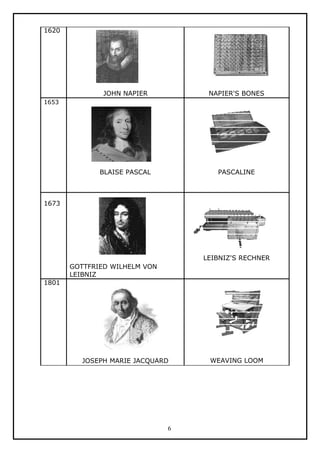 1620




               JOHN NAPIER          NAPIER'S BONES
1653




              BLAISE PASCAL           PASCALINE



1673




                                   LEIBNIZ'S RECHNER
       GOTTFRIED WILHELM VON
       LEIBNIZ
1801




          JOSEPH MARIE JACQUARD     WEAVING LOOM




                               6
 