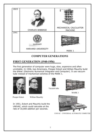 1823




                                               MECHANICAL CALCULATOR
                  CHARLES BABBAGE                    MACHINE
1941




                 HARVARD UNIVERSITY
                                                        MARK 1

                     COMPUTER GENERATIONS

FIRST GENERATION (1940-1956)
The first generation of computer were huge, slow, expensive and often
unreliable. In 1946, two Americans, Presper Eckert and Willian Mauchly build
the ENIAC (Electronic Numerical Integrator and Computer). It use vacuum
tube instead of mechanical switches of the MARK 1.




                                      Vacuum tube

                                                             MARK 1

Presper Eckert      Willian Mauchly


In 1951, Eckert and Mauchly build the
UNIVAC, which could calculate at the
rate of 10,000 addition per seconds.

                                            UNIVAC – UNIVERSAL AUTOMATIC COMPUTER




                                        7
 