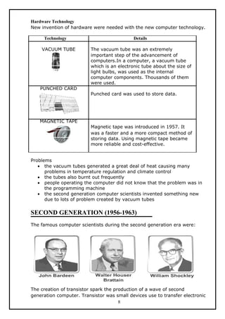 Hardware Technology
New invention of hardware were needed with the new computer technology.

     Technology                              Details

    VACUUM TUBE           The vacuum tube was an extremely
                          important step of the advancement of
                          computers.In a computer, a vacuum tube
                          which is an electronic tube about the size of
                          light bulbs, was used as the internal
                          computer components. Thousands of them
                          were used.
    PUNCHED CARD
                          Punched card was used to store data.




   MAGNETIC TAPE
                          Magnetic tape was introduced in 1957. It
                          was a faster and a more compact method of
                          storing data. Using magnetic tape became
                          more reliable and cost-effective.


Problems
   • the vacuum tubes generated a great deal of heat causing many
      problems in temperature regulation and climate control
   • the tubes also burnt out frequently
   • people operating the computer did not know that the problem was in
      the programming machine
   • the second generation computer scientists invented something new
      due to lots of problem created by vacuum tubes


SECOND GENERATION (1956-1963)
The famous computer scientists during the second generation era were:




The creation of transistor spark the production of a wave of second
generation computer. Transistor was small devices use to transfer electronic
                                       8
 