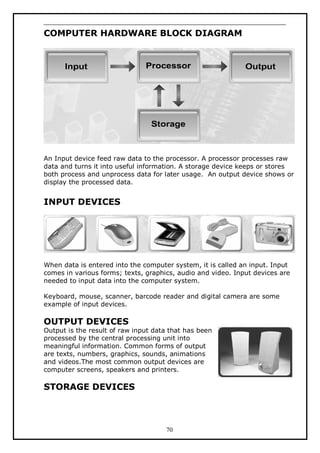 COMPUTER HARDWARE BLOCK DIAGRAM

An Input device feed raw data to the processor. A processor processes raw
data and turns it into useful information. A storage device keeps or stores
both process and unprocess data for later usage. An output device shows or
display the processed data.

INPUT DEVICES

When data is entered into the computer system, it is called an input. Input
comes in various forms; texts, graphics, audio and video. Input devices are
needed to input data into the computer system.
Keyboard, mouse, scanner, barcode reader and digital camera are some
example of input devices.

OUTPUT DEVICES

Output is the result of raw input data that has been
processed by the central processing unit into
meaningful information. Common forms of output
are texts, numbers, graphics, sounds, animations
and videos.The most common output devices are
computer screens, speakers and printers.

STORAGE DEVICES

70

 