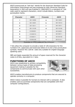 ASCII pronounced as "ask-key" stands for the American Standard Code for
Information Interchange and was proposed by ASA (American Standard
Association) in 963 and was finalised in 1968.ASCII is a standard of 7-bit
code used to represent characters, which include letters, numbers and
punctuation marks.

7 bits allow the computer to encode a total of 128 characters for the
numbers 0-9, uppercase and lowercase letters A-Z and a few punctuation
symbols. However this 128 bit code only suitable for english language
speaking users.
IBM and Apple expanded the amount of space reserved for the character
codes to 8-bits, equivalent to 1 byte.

FUNCTIONS OF ASCII

ASCII was established to achieve compatibility
between various types of data processing
equipment making it possible for the
components to communicate with each other
successfully.
ASCII enables manufacturers to produce components that are assured to
operate correctly in a computer.
ASCII makes it possible for humans to interact with a computer. It also
enables users to purchase components that are compatible with their
computer configurations.

78

 