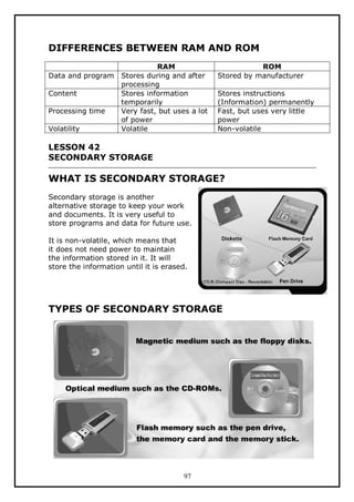 DIFFERENCES BETWEEN RAM AND ROM
Data and program
Content
Processing time
Volatility

RAM
Stores during and after
processing
Stores information
temporarily
Very fast, but uses a lot
of power
Volatile

ROM
Stored by manufacturer
Stores instructions
(Information) permanently
Fast, but uses very little
power
Non-volatile

LESSON 42
SECONDARY STORAGE

WHAT IS SECONDARY STORAGE?
Secondary storage is another
alternative storage to keep your work
and documents. It is very useful to
store programs and data for future use.
It is non-volatile, which means that
it does not need power to maintain
the information stored in it. It will
store the information until it is erased.

TYPES OF SECONDARY STORAGE

97

 