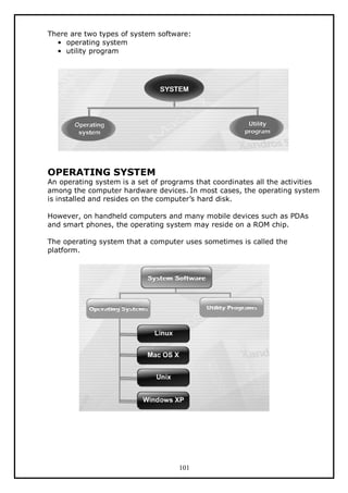 There are two types of system software:
• operating system
• utility program

OPERATING SYSTEM

An operating system is a set of programs that coordinates all the activities
among the computer hardware devices. In most cases, the operating system
is installed and resides on the computer’s hard disk.
However, on handheld computers and many mobile devices such as PDAs
and smart phones, the operating system may reside on a ROM chip.
The operating system that a computer uses sometimes is called the
platform.

101

 