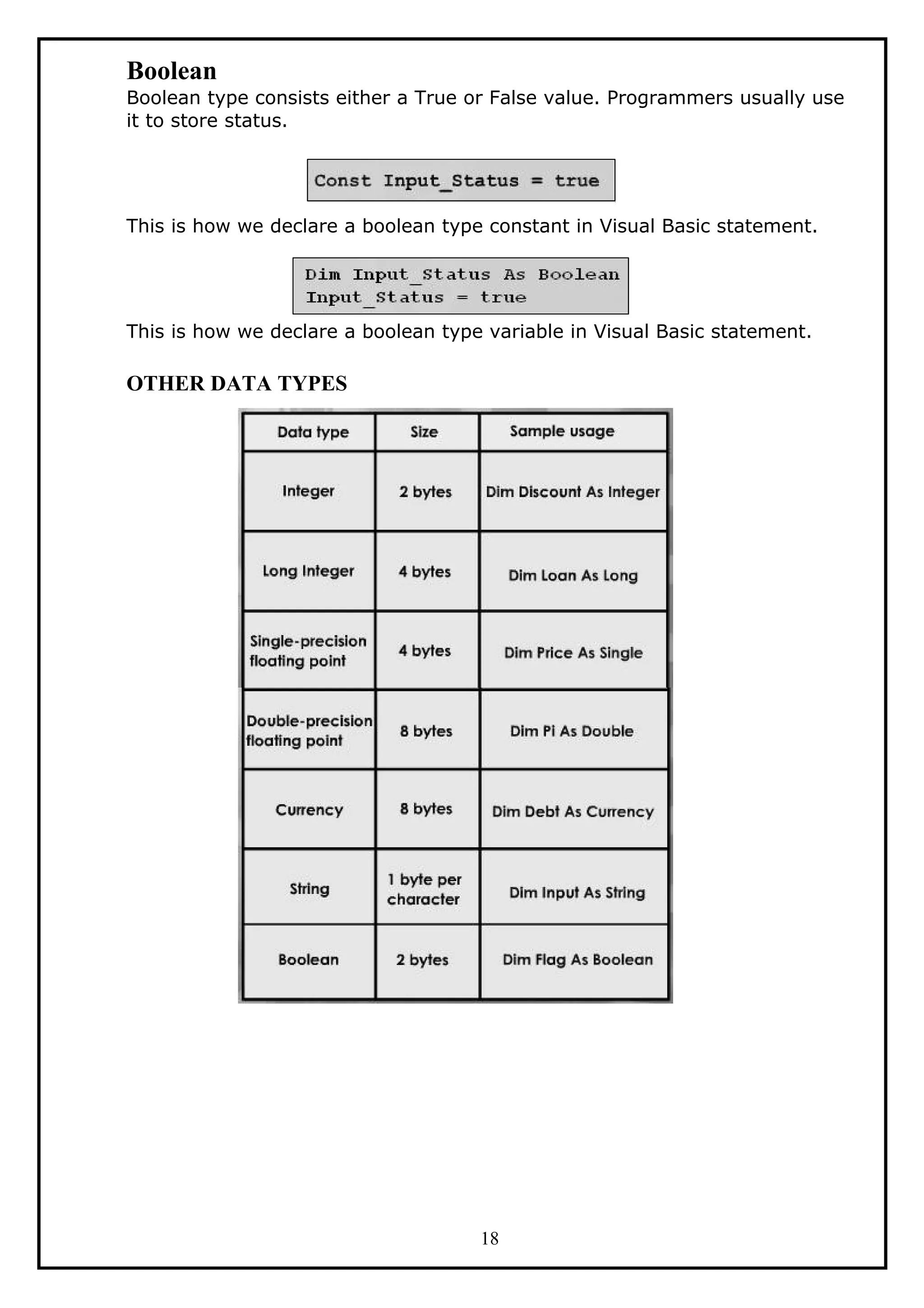 Boolean
Boolean type consists either a True or False value. Programmers usually use
it to store status.
This is how we declare a boolean type constant in Visual Basic statement.
This is how we declare a boolean type variable in Visual Basic statement.
OTHER DATA TYPES
18
 