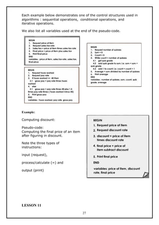 Each example below demonstrates one of the control structures used in
algorithms : sequential operations, conditional operations, and
iterative operations.
We also list all variables used at the end of the pseudo-code.
Example:
Computing discount:
Pseudo-code:
Computing the final price of an item
after figuring in discount.
Note the three types of
instructions:
input (request),
process/calculate (=) and
output (print)
LESSON 11
27
 