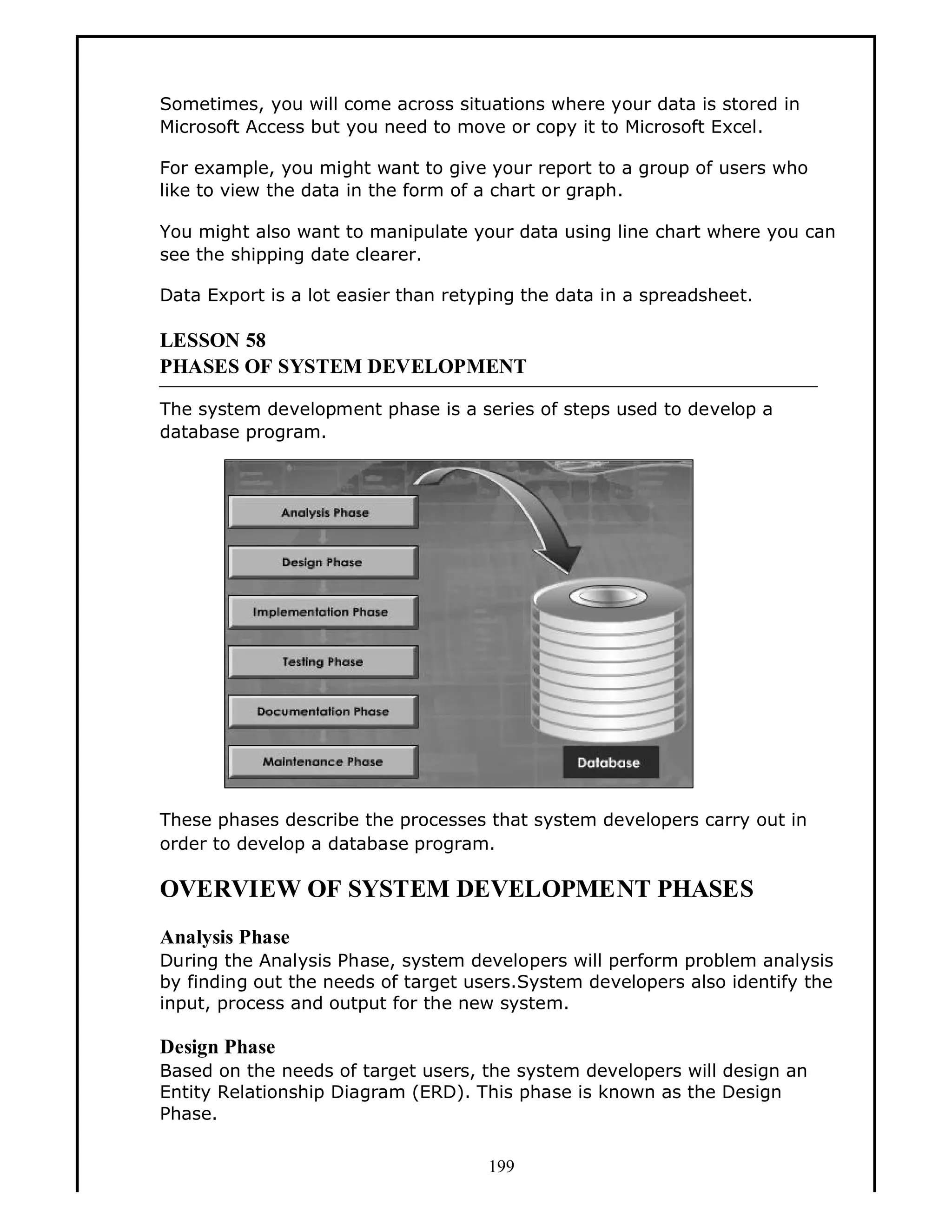 Sometimes, you will come across situations where your data is stored in
Microsoft Access but you need to move or copy it to Microsoft Excel.
For example, you might want to give your report to a group of users who
like to view the data in the form of a chart or graph.
You might also want to manipulate your data using line chart where you can
see the shipping date clearer.
Data Export is a lot easier than retyping the data in a spreadsheet.

LESSON 58
PHASES OF SYSTEM DEVELOPMENT
The system development phase is a series of steps used to develop a
database program.

These phases describe the processes that system developers carry out in
order to develop a database program.

OVERVIEW OF SYSTEM DEVELOPMENT PHASES
Analysis Phase
During the Analysis Phase, system developers will perform problem analysis
by finding out the needs of target users.System developers also identify the
input, process and output for the new system.

Design Phase
Based on the needs of target users, the system developers will design an
Entity Relationship Diagram (ERD). This phase is known as the Design
Phase.
199

 