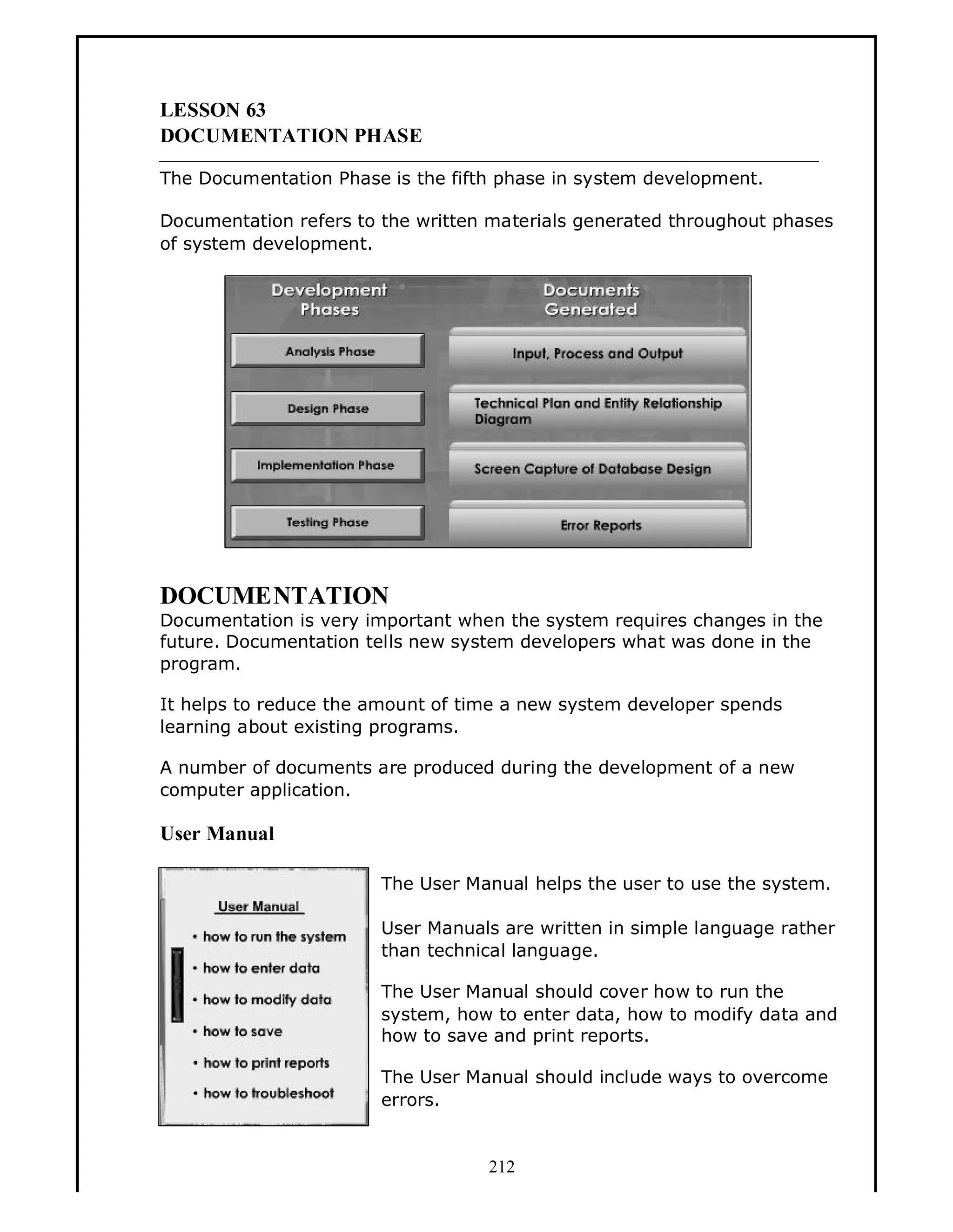 LESSON 63
DOCUMENTATION PHASE
The Documentation Phase is the fifth phase in system development.
Documentation refers to the written materials generated throughout phases
of system development.

DOCUMENTATION

Documentation is very important when the system requires changes in the
future. Documentation tells new system developers what was done in the
program.
It helps to reduce the amount of time a new system developer spends
learning about existing programs.
A number of documents are produced during the development of a new
computer application.

User Manual
The User Manual helps the user to use the system.
User Manuals are written in simple language rather
than technical language.
The User Manual should cover how to run the
system, how to enter data, how to modify data and
how to save and print reports.
The User Manual should include ways to overcome
errors.

212

 