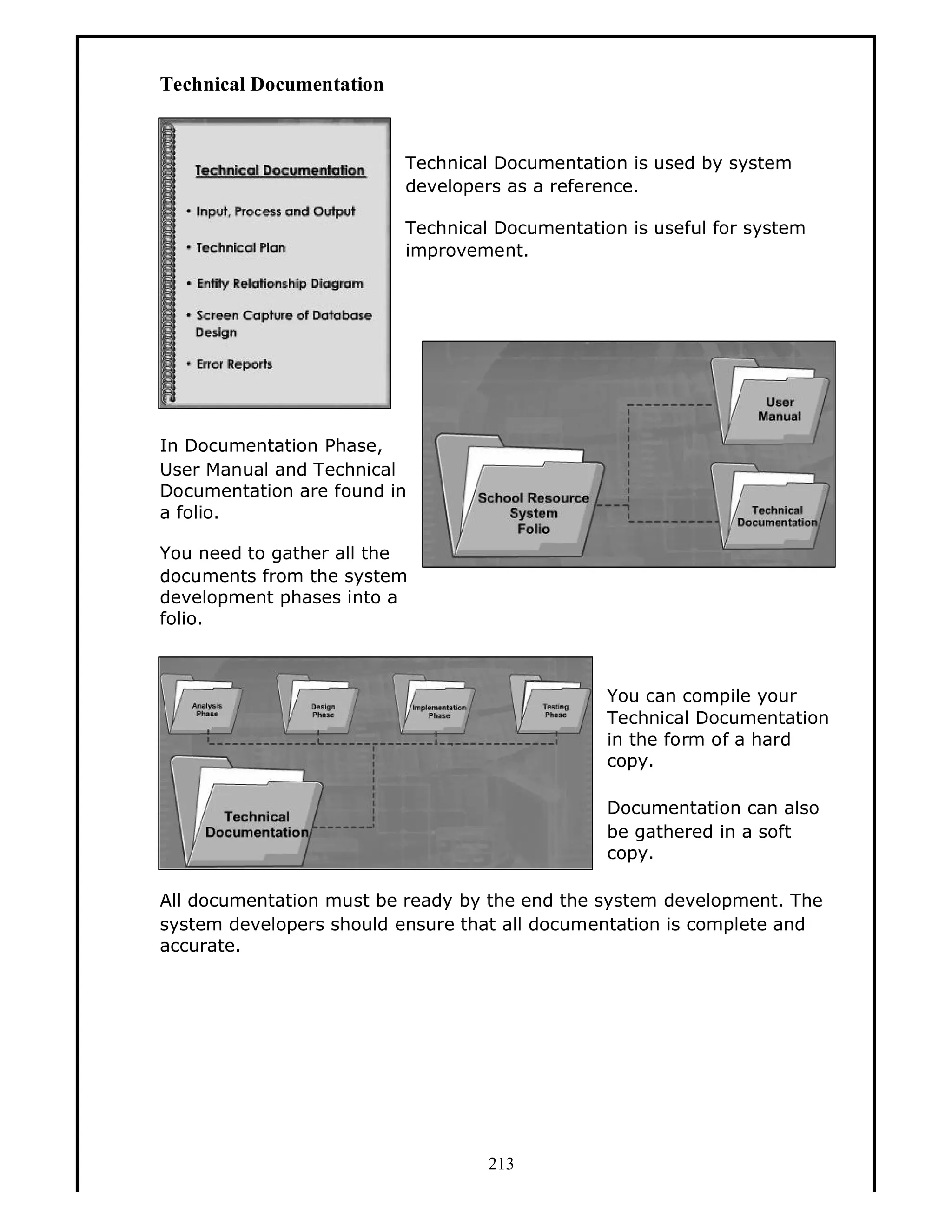 Technical Documentation

Technical Documentation is used by system
developers as a reference.
Technical Documentation is useful for system
improvement.

In Documentation Phase,
User Manual and Technical
Documentation are found in
a folio.
You need to gather all the
documents from the system
development phases into a
folio.

You can compile your
Technical Documentation
in the form of a hard
copy.
Documentation can also
be gathered in a soft
copy.
All documentation must be ready by the end the system development. The
system developers should ensure that all documentation is complete and
accurate.

213

 