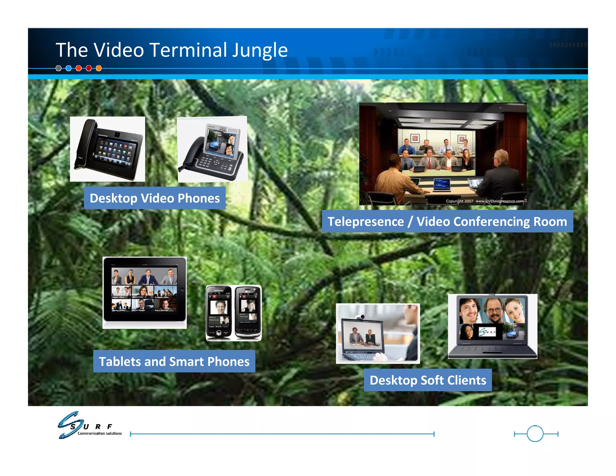 The Video Terminal Jungle




   Desktop Video Phones
                               Telepresence / Video Conferencing Room




    Tablets and Smart Phones
                                     Desktop Soft Clients
 