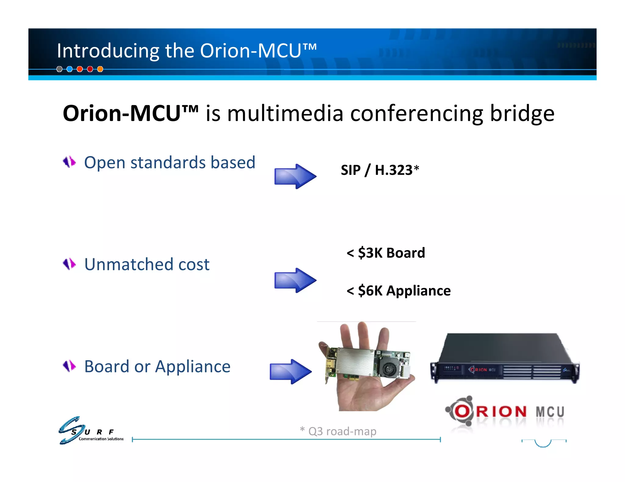 Introducing the Orion-MCU™

Orion-MCU™ is multimedia conferencing bridge
  Open standards based         SIP / H.323*




                                < $3K Board
  Unmatched cost
                                < $6K Appliance



  Board or Appliance


                         * Q3 road-map
 