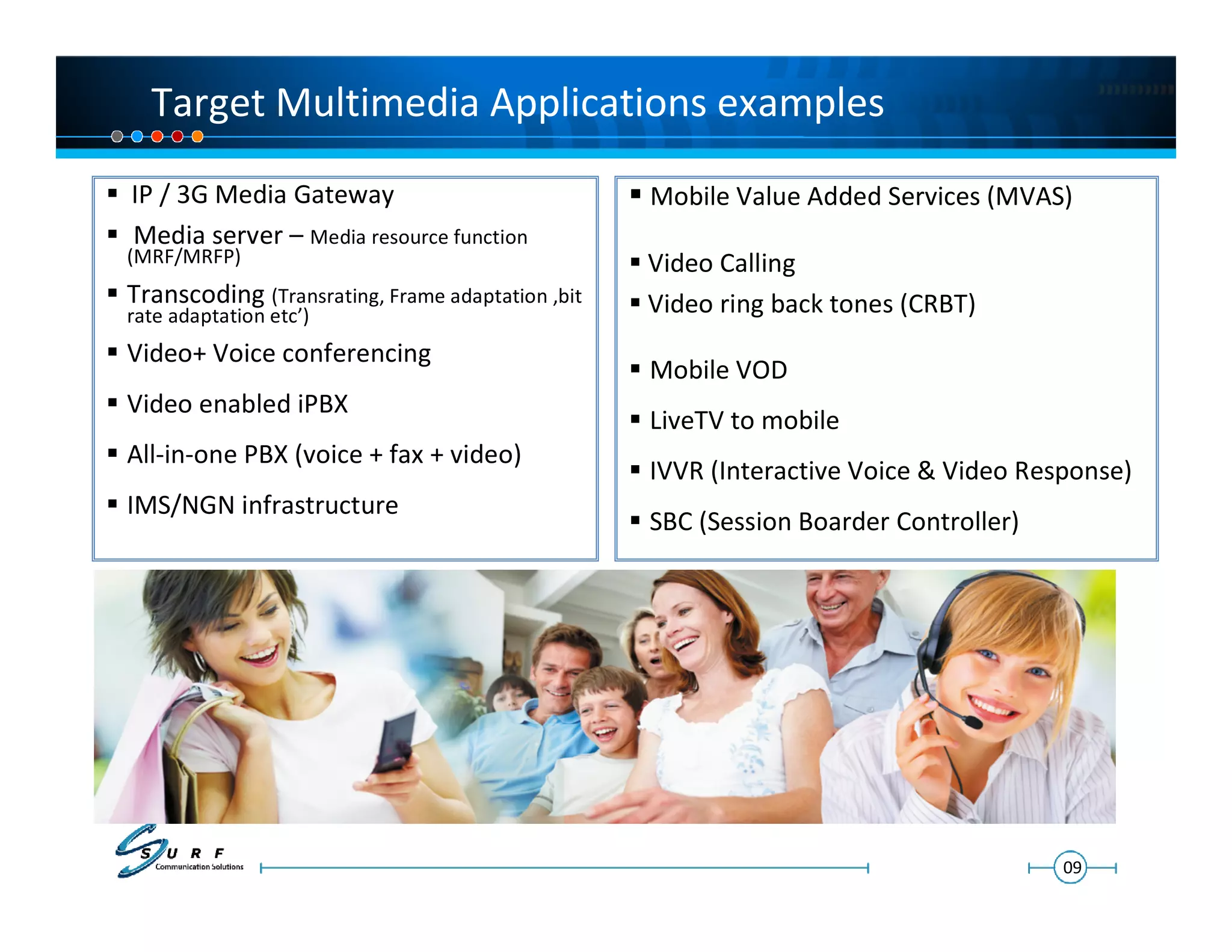 Target Multimedia Applications examples
IP / 3G Media Gateway                             Mobile Value Added Services (MVAS)
Media server – Media resource function
(MRF/MRFP)                                        Video Calling
Transcoding (Transrating, Frame adaptation ,bit   Video ring back tones (CRBT)
rate adaptation etc’)
Video+ Voice conferencing
                                                  Mobile VOD
Video enabled iPBX
                                                  LiveTV to mobile
All-in-one PBX (voice + fax + video)
                                                  IVVR (Interactive Voice & Video Response)
IMS/NGN infrastructure
                                                  SBC (Session Boarder Controller)




                                                                                     09
 