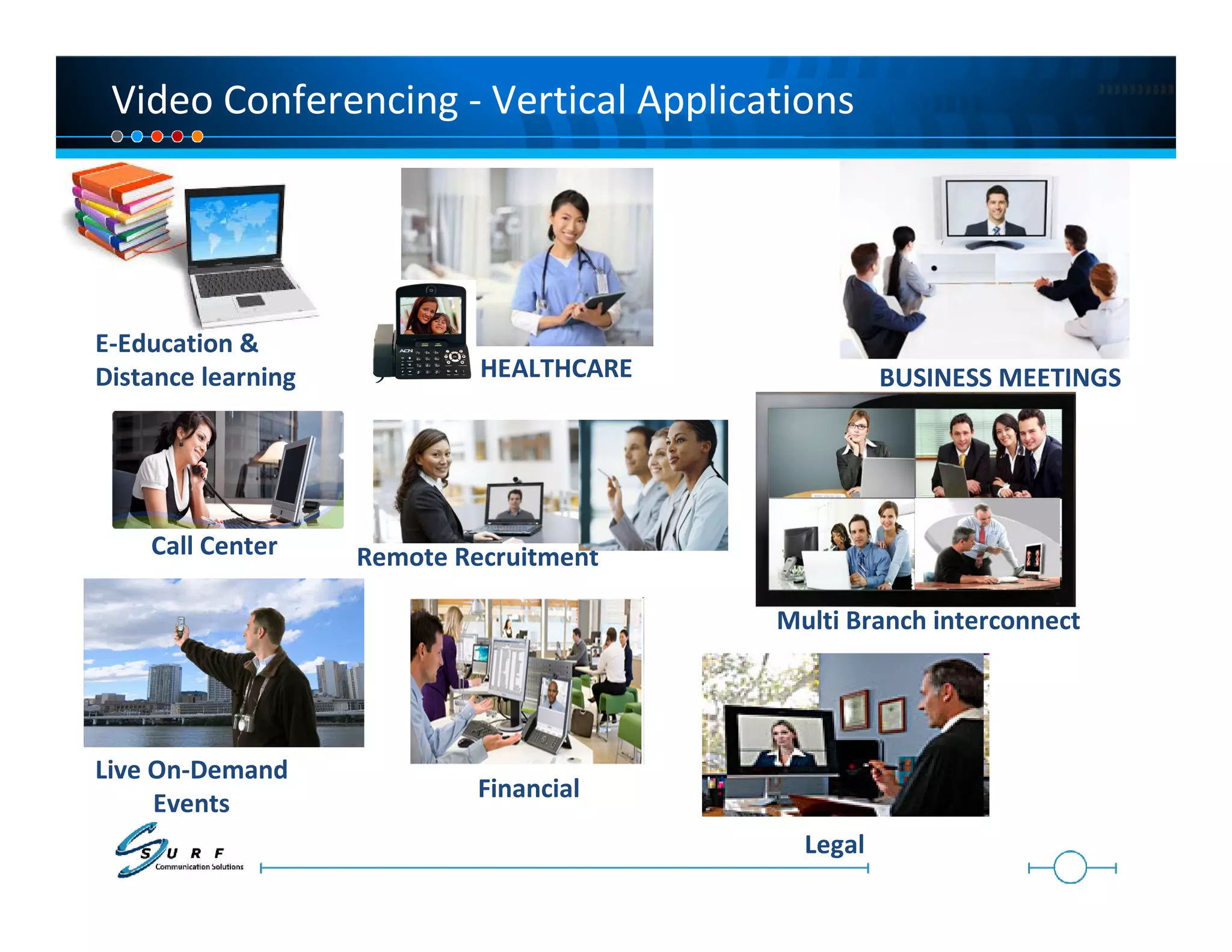 Video Conferencing - Vertical Applications




E-Education &
Distance learning            HEALTHCARE             BUSINESS MEETINGS




    Call Center     Remote Recruitment

                                          Multi Branch interconnect




Live On-Demand
                             Financial
     Events
                                            Legal
 