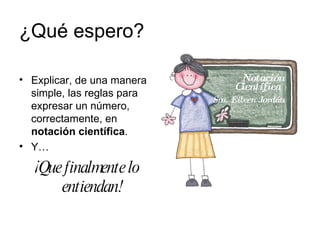 ¿Qué espero? Explicar, de una manera simple, las reglas para expresar un número, correctamente, en  notación científica .  Y… ¡Que finalmente lo entiendan! Notación Científica   Sra. Eileen Jordán 