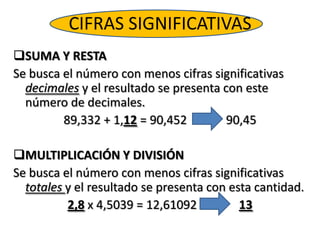 CIFRAS SIGNIFICATIVAS<br /><ul><li>SUMA Y RESTA</li></ul>Se busca el número con menos cifras significativas decimales y el...