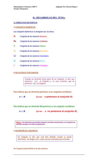 Matemáticas I Semestre 2007-1 Adaptado Por Edward Rogers
Técnico Financiero
II.- DESARROLLO DEL TEMA:
1.-SIMBOLOGÍA MATEMÁTICA:
a) CONJUNTOS NUMÉRICOS:
Los Conjuntos Numéricos se designan con las letras:
IN : Conjunto de los números Naturales.
IN0 : Conjunto de los números Cardinales.
Z : Conjunto de los números Enteros.
Q : Conjunto de los números Racionales.
Q’ : Conjunto de los números Irracionales.
IR : Conjunto de los números Reales.
C : Conjunto de los números Complejos.
b) RELACIÓN DE PERTENENCIA:
Para indicar que un elemento pertenece a un conjunto escribimos:
x ∈ A (se lee: x pertenece al conjunto A)
Para indicar que un elemento NO pertenece a un conjunto escribimos:
x ∉ A (se lee: x no pertenece al conjunto A)
c) DEFINICIÓN DE CONJUNTOS:
Un Conjunto puede definirse de dos maneras:
Nota 1: Un elemento se escribe siempre con letra minúscula y un conjunto se
escribe siempre con letra mayúscula.-
Un Conjunto se dice que está bien definido cuando se puede
determinar, sin ningún error, cuáles son los elementos que lo forman.
Cuando un elemento forma parte de un Conjunto, se dice que
pertenece (∈) al Conjunto y, en caso contrario, que no
pertenece (∉) al Conjunto.-
 