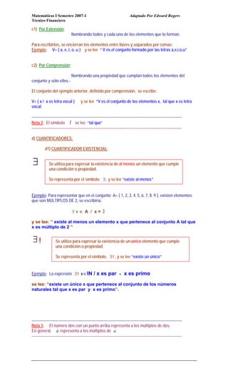 Matemáticas I Semestre 2007-1 Adaptado Por Edward Rogers
Técnico Financiero
c1) Por Extensión:
Nombrando todos y cada uno de los elementos que lo forman.
Para escribirlos, se encierran los elementos entre llaves y separados por comas:
Ejemplo: V= { a, e, i, o, u } y se lee “ V es el conjunto formado por las letras a,e,i,o,u”
c2) Por Comprensión:
Nombrando una propiedad que cumplan todos los elementos del
c
El conjunto del ejemplo anterior, de
onjunto y sólo ellos.-
finido por comprensión, se escribe:
---------
V= { x / x es letra vocal } y se lee “V es el conjunto de los elementos x, tal que x es letra
vocal.
------------------------------------------------------------------------------------------------------------------
Nota 2: El símbolo / se lee “tal que”
---------------------------------------------------------------------------------------------------------------------------
d) CUANTIFICADORES:
d1) CUANTIFICADOR EXISTENCIAL:
∃
jemploE : Para representar que en el conjunto A= { 1, 2, 3, 4, 5, 6, 7, 8, 9 }, existen elementos
ue son
∃ x ∈ A / x = 2
ento x que pertenece al conjunto A tal que
x es múltiplo de 2
!
jemplo
q MÚLTIPLOS DE 2, se escribiría:
y se lee: “ existe al menos un elem
”
∃
E : La ∈IN / x es par x es primo
e lee: “ al conjunto de los números
aturales tal que x es par y x es primo”.
-------------------------------------------------------------------------------------------------------------------------
expresión ∃! x ^
s
n
existe un único x que pertenece
--
Nota 3: El número dos con un punto arriba representa a los múltiplos de dos.
n general, a representa a los múltiplos de a
------------------------------------------------------------------------------------------------------
E
---------------------
Se utiliza para expresar la existencia de al menos un elemento que cumple
Se representa por el símbolo
una condición o propiedad.
∃ , y se lee “existe al menos”
Se utiliza para expresar la existencia de un único elemento que cumple
una condición o propiedad.
Se representa por el símbolo ∃ ! , y se lee “existe un único”
 