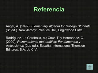 Referencia

Angel, A. (1992). Elementary Algebra for College Students
(3rd ed.). New Jersey: Prentice Hall, Englewood Cliffs.

Rodríguez, J.; Caraballo, A.; Cruz, T. y Hernández, O.
(2000). Razonamiento matemático: Fundamentos y
aplicaciones (2da ed.). España: International Thomson
Editores, S.A. de C.V.
 