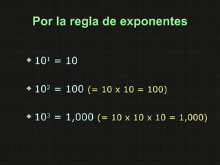 Por la regla de exponentes


   101 = 10

   102 = 100 (= 10 x 10 = 100)

   103 = 1,000 (= 10 x 10 x 10 = 1,000)
 