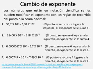 Cambio de exponente
1. 53,2 X 105 = 5,32 X 106 (El punto se recorre un lugar a la
izquierda, al exponente se le suma 1)
2. 28400 X 10–6 = 2.84 X 10–2 (El punto se recorre 4 lugares a la
izquierda, al exponente se le suma 4
3. 0.0000067 X 104 = 6.7 X 10–2 (El punto se recorre 6 lugares a la b
derecha, al exponente se le resta 6)
4. 0.000749 X 10–5 = 7.49 X 10–9 (El punto se recorre 4 lugares a la
derecha, al exponente se le resta 4)
Los números que están en notación científica se les
pueden modificar el exponente con las reglas de recorrido
del punto o la coma decimal:
https://www.matesfacil.com/ESO/numeros/notacion_cientifica/teoria-ejemplos-
numeros-decimales-exponente-positivo-negativo-base-10-test.html
 