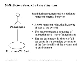 UML Second Pass: Use Case Diagrams

                                       Used during requirements elicitation to
                                         represent external behavior

                                       ♦     Actors represent roles, that is, a type
            Passenger                        of user of the system
                                       ♦     Use cases represent a sequence of
                                             interaction for a type of functionality
                                       ♦     The use case model is the set of all
                                             use cases. It is a complete description
                                             of the functionality of the system and
                                             its environment
  PurchaseTicket

Bernd Bruegge & Allen Dutoit   Object-Oriented Software Engineering: Conquering Complex and Changing Systems   22
 