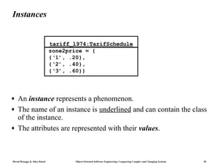 Instances


                               tariff_1974:TarifSchedule
                               zone2price = {
                               {‘1’, .20},
                               {‘2’, .40},
                               {‘3’, .60}}



♦   An instance represents a phenomenon.
♦   The name of an instance is underlined and can contain the class
    of the instance.
♦   The attributes are represented with their values.



Bernd Bruegge & Allen Dutoit          Object-Oriented Software Engineering: Conquering Complex and Changing Systems   30
 