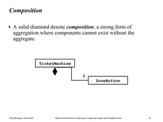 Composition

♦   A solid diamond denote composition, a strong form of
    aggregation where components cannot exist without the
    aggregate.



                               TicketMachine


                                                                    3
                                                                                    ZoneButton




Bernd Bruegge & Allen Dutoit         Object-Oriented Software Engineering: Conquering Complex and Changing Systems   35
 