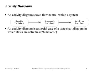 Activity Diagrams

♦   An activity diagram shows flow control within a system
                   Handle                               Document                                                Archive
                  Incident                              Incident                                               Incident

♦   An activity diagram is a special case of a state chart diagram in
    which states are activities (“functions”)




Bernd Bruegge & Allen Dutoit   Object-Oriented Software Engineering: Conquering Complex and Changing Systems              41
 