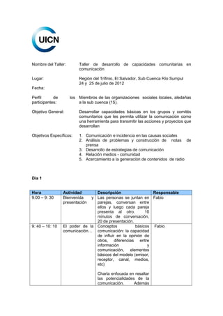 Nombre del Taller:       Taller de desarrollo de capacidades comunitarias en
                         comunicación

Lugar:                   Región del Trifinio, El Salvador, Sub Cuenca Río Sumpul
                         24 y 25 de julio de 2012
Fecha:

Perfil      de       los Miembros de las organizaciones sociales locales, aledañas
participantes:           a la sub cuenca (15).

Objetivo General:        Desarrollar capacidades básicas en los grupos y comités
                         comunitarios que les permita utilizar la comunicación como
                         una herramienta para transmitir las acciones y proyectos que
                         desarrollan

Objetivos Específicos:   1. Comunicación e incidencia en las causas sociales
                         2. Análisis de problemas y construcción de notas de
                            prensa
                         3. Desarrollo de estrategias de comunicación
                         4. Relación medios - comunidad
                         5. Acercamiento a la generación de contenidos de radio



Día 1


Hora             Actividad      Descripción                  Responsable
9:00 – 9: 30     Bienvenida   y Las personas se juntan en Fabio
                 presentación   parejas, conversan entre
                                ellos y luego cada pareja
                                presenta al otro.         10
                                minutos de conversación,
                                20 de presentación.
9: 40 – 10: 10   El poder de la Conceptos            básicos Fabio
                 comunicación… comunicación: la capacidad
                                de influir en la opinión de
                                otros, diferencias entre
                                información                y
                                comunicación,     elementos
                                básicos del modelo (emisor,
                                receptor, canal, medios,
                                etc)

                                  Charla enfocada en resaltar
                                  las potencialidades de la
                                  comunicación.      Además
 