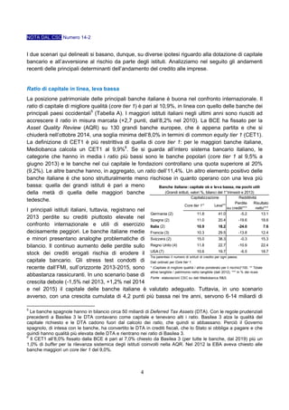 NOTA DAL CSC Numero 14-2

I due scenari qui delineati si basano, dunque, su diverse ipotesi riguardo alla dotazione di capitale
bancario e all’avversione al rischio da parte degli istituti. Analizziamo nel seguito gli andamenti
recenti delle principali determinanti dell’andamento del credito alle imprese.

Ratio di capitale in linea, leva bassa
La posizione patrimoniale delle principali banche italiane è buona nel confronto internazionale. Il
ratio di capitale di migliore qualità (core tier 1) è pari al 10,9%, in linea con quello delle banche dei
principali paesi occidentali5 (Tabella A). I maggiori istituti italiani negli ultimi anni sono riusciti ad
accrescere il ratio in misura marcata (+2,7 punti, dall’8,2% nel 2010). La BCE ha fissato per la
Asset Quality Review (AQR) su 130 grandi banche europee, che è appena partita e che si
chiuderà nell’ottobre 2014, una soglia minima dell’8,0% in termini di common equity tier 1 (CET1).
La definizione di CET1 è più restrittiva di quella di core tier 1: per le maggiori banche italiane,
Mediobanca calcola un CET1 al 9,9%6. Se si guarda all’intero sistema bancario italiano, le
categorie che hanno in media i ratio più bassi sono le banche popolari (core tier 1 al 9,5% a
giugno 2013) e le banche nel cui capitale le fondazioni controllano una quota superiore al 20%
(9,2%). Le altre banche hanno, in aggregato, un ratio dell’11,4%. Un altro elemento positivo delle
banche italiane è che sono strutturalmente meno rischiose in quanto operano con una leva più
bassa: quella dei grandi istituti è pari a meno
Banche italiane: capitale ok e leva bassa, ma pochi utili
(Grandi istituti, valori %, bilanci del 1° trimestr e 2013)
della metà di quella delle maggiori banche
Capitalizzazione
Redditività
tedesche.
Core tier 1 *

Perdite
su crediti***
41.0
-5.2

Leva**

Risultato
netto***
13.1

I principali istituti italiani, tuttavia, registrano nel
Germania (2)
11.8
2013 perdite su crediti piuttosto elevate nel Spagna (2)
11.0
20.4
-19.6
18.6
confronto internazionale e utili di esercizio Italia (2)
10.9
18.2
-24.0
7.6
decisamente peggiori. Le banche italiane medie Francia (3)
10.3
29.5
-13.8
12.4
15.0
38.3
-0.3
15.3
e minori presentano analoghe problematiche di Svizzera (2)
11.8
22.7
-10.9
22.4
bilancio. Il continuo aumento delle perdite sullo Regno Unito (4)
USA (7)
10.6
19.7
-6.5
18.7
stock dei crediti erogati rischia di erodere il
Tra parentesi il numero di istituti di credito per ogni paese.
capitale bancario. Gli stress test condotti di Dati ordinati per Core tier 1 .
recente dall’FMI, sull’orizzonte 2013-2015, sono * (Capitale di migliore qualità / attivo ponderato per il rischio)*100. ** Totale
attivo tangibile / patrimonio netto tangibile (dati 2012). *** In % dei ricavi.
abbastanza rassicuranti. In uno scenario base di Fonte : elaborazioni CSC su dati Mediobanca R&S.
crescita debole (-1,5% nel 2013, +1,2% nel 2014
e nel 2015) il capitale delle banche italiane è valutato adeguato. Tuttavia, in uno scenario
avverso, con una crescita cumulata di 4,2 punti più bassa nei tre anni, servono 6-14 miliardi di
5

Le banche spagnole hanno in bilancio circa 50 miliardi di Deferred Tax Assets (DTA). Con le regole prudenziali
precedenti a Basilea 3 le DTA contavano come capitale e tenevano alti i ratio. Basilea 3 alza la qualità del
capitale richiesto e le DTA cadono fuori dal calcolo dei ratio, che quindi si abbassano. Perciò il Governo
spagnolo, di intesa con le banche, ha convertito le DTA in crediti fiscali, che lo Stato si obbliga a pagare e che
quindi hanno qualità più elevata delle DTA e rientrano nei ratio di Basilea 3.
6
Il CET1 all’8,0% fissato dalla BCE è pari al 7,0% chiesto da Basilea 3 (per tutte le banche, dal 2019) più un
1,0% di buffer per la rilevanza sistemica degli istituti coinvolti nella AQR. Nel 2012 la EBA aveva chiesto alle
banche maggiori un core tier 1 del 9,0%.

4

 