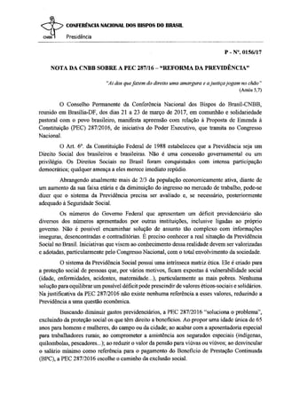 Nota da cnbb sobre a reforma da previdencia