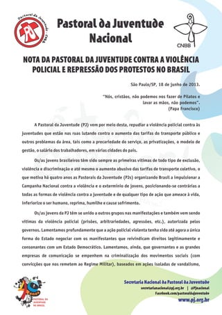 Nota da pastoral da juventude contra a violência policial e repressão dos protestos no brasil