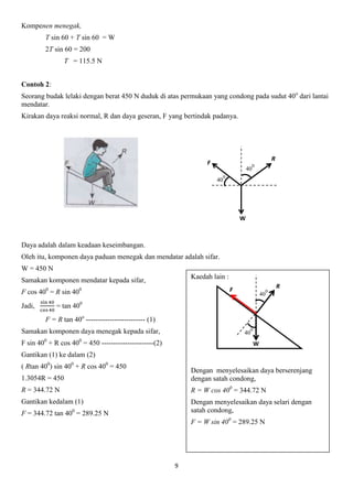 9
Kompenen menegak,
T sin 60 + T sin 60 = W
2T sin 60 = 200
T = 115.5 N
Contoh 2:
Seorang budak lelaki dengan berat 450 N duduk di atas permukaan yang condong pada sudut 40o
dari lantai
mendatar.
Kirakan daya reaksi normal, R dan daya geseran, F yang bertindak padanya.
Daya adalah dalam keadaan keseimbangan.
Oleh itu, komponen daya paduan menegak dan mendatar adalah sifar.
W = 450 N
Samakan komponen mendatar kepada sifar,
F cos 400
= R sin 400
Jadi, = tan 400
F = R tan 40o
------------------------- (1)
Samakan komponen daya menegak kepada sifar,
F sin 400
+ R cos 400
= 450 ----------------------(2)
Gantikan (1) ke dalam (2)
( Rtan 400
) sin 400
+ R cos 400
= 450
1.3054R = 450
R = 344.72 N
Gantikan kedalam (1)
F = 344.72 tan 400
= 289.25 N
F
R
W
40
0
Menegak
40
0
Menegak
Kaedah lain :
Dengan menyelesaikan daya berserenjang
dengan satah condong,
R = W cos 400
= 344.72 N
Dengan menyelesaikan daya selari dengan
satah condong,
F = W sin 400
= 289.25 N
R
F
W
40
0
Menegak
40
0
Menegak
 