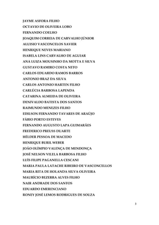 3
JAYME ASFORA FILHO
OCTAVIO DE OLIVEIRA LOBO
FERNANDO COELHO
JOAQUIM CORREIA DE CARVALHO JÚNIOR
ALUISIO VASCONCELOS XAVIER
HENRIQUE NEVES MARIANO
ISABELA LINS CARVALHO DE AGUIAR
ANA LUIZA MOUSINHO DA MOTTA E SILVA
GUSTAVO RAMIRO COSTA NETO
CARLOS EDUARDO RAMOS BARROS
ANTONIO BRAZ DA SILVA
CARLOS ANTONIO HARTEN FILHO
CARLÚCIA BARBOSA LAPENDA
CATARINA ALMEIDA DE OLIVEIRA
DENIVALDO BATISTA DOS SANTOS
RAIMUNDO MENEZES FILHO
EDILSON FERNANDO TAVARES DE ARAÚJO
FÁBIO PORTO ESTEVES
FERNANDO AUGUSTO LAPA GUIMARÃES
FREDERICO PREUSS DUARTE
HÉLDER PESSOA DE MACEDO
HENRIQUE BURIL WEBER
JOÃO OLÍMPIO VALENÇA DE MENDONÇA
JOSÉ NELSON VILELA BARBOSA FILHO
LUÍS FILIPE PAGANELLA CESCANI
MARIA PAULA LATACHE RIBEIRO DE VASCONCELLOS
MARIA RITA DE HOLANDA SILVA OLIVEIRA
MAURÍCIO BEZERRA ALVES FILHO
NAIR ANDRADE DOS SANTOS
EDUARDO EMERENCIANO
RONEY JOSÉ LEMOS RODRIGUES DE SOUZA
 
