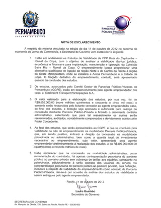 Nota à reportagem do JC sobre pedágio no Recife