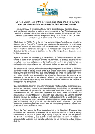  
                                                                  Nota de prensa

  La Red Española contra la Trata exig...