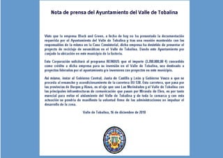 Nota de prensa del Ayuntamiento del Valle de Tobalina